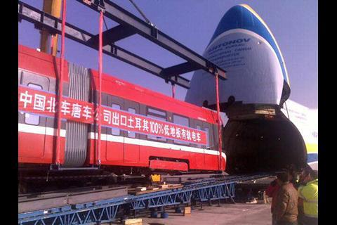 CNR Tangshan tram for Samsun being loaded onto the Antonov Airlines An-225 Mriya aircraft.